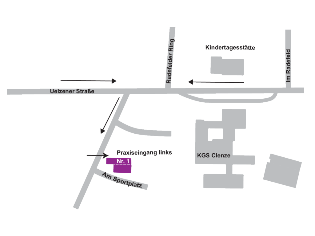 Die Grafik zeigt die Anfahrt zur Praxis. Der Eingang befindet sich auf der Rückseite vom Gebäude "Am Sprtplatz 1" in Clenze.